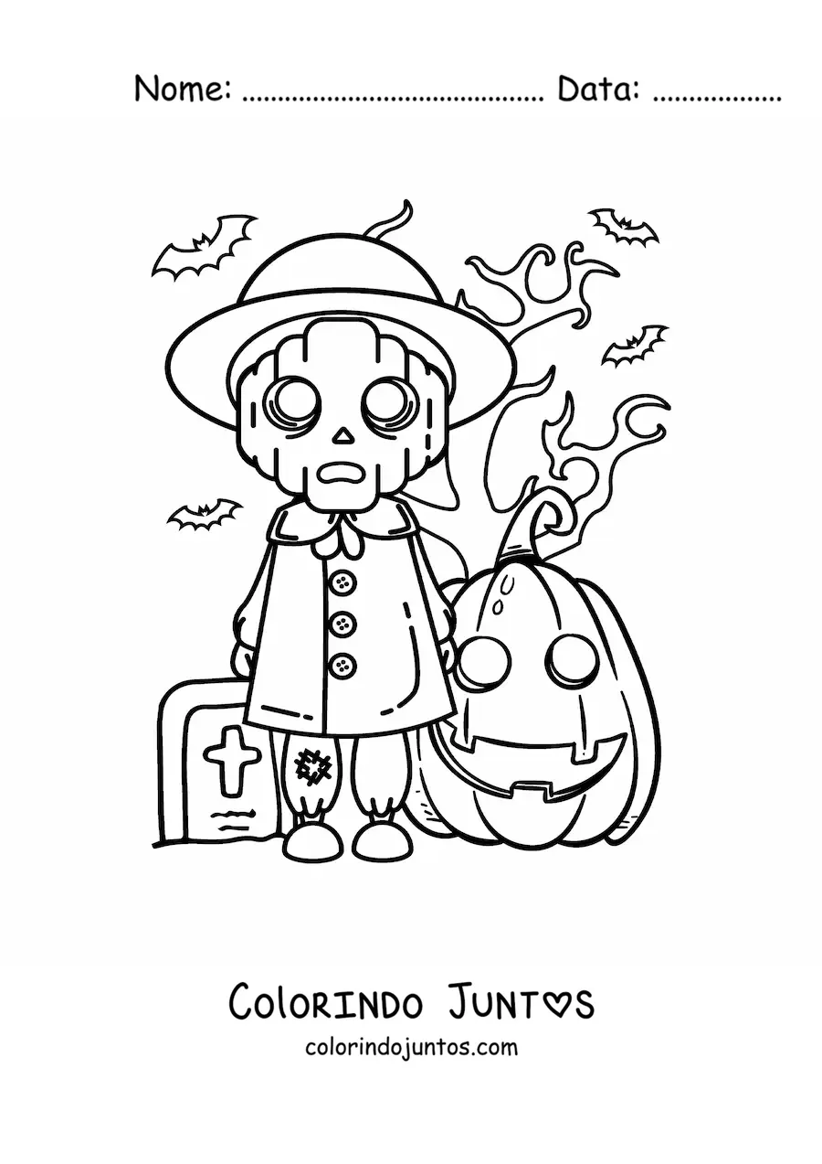 Desenho para colorir de monstro de Halloween assustador com abóbora e morcegos