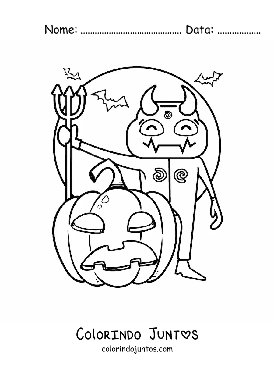 Desenho para colorir de diabo de Halloween assustador com abóbora e morcegos