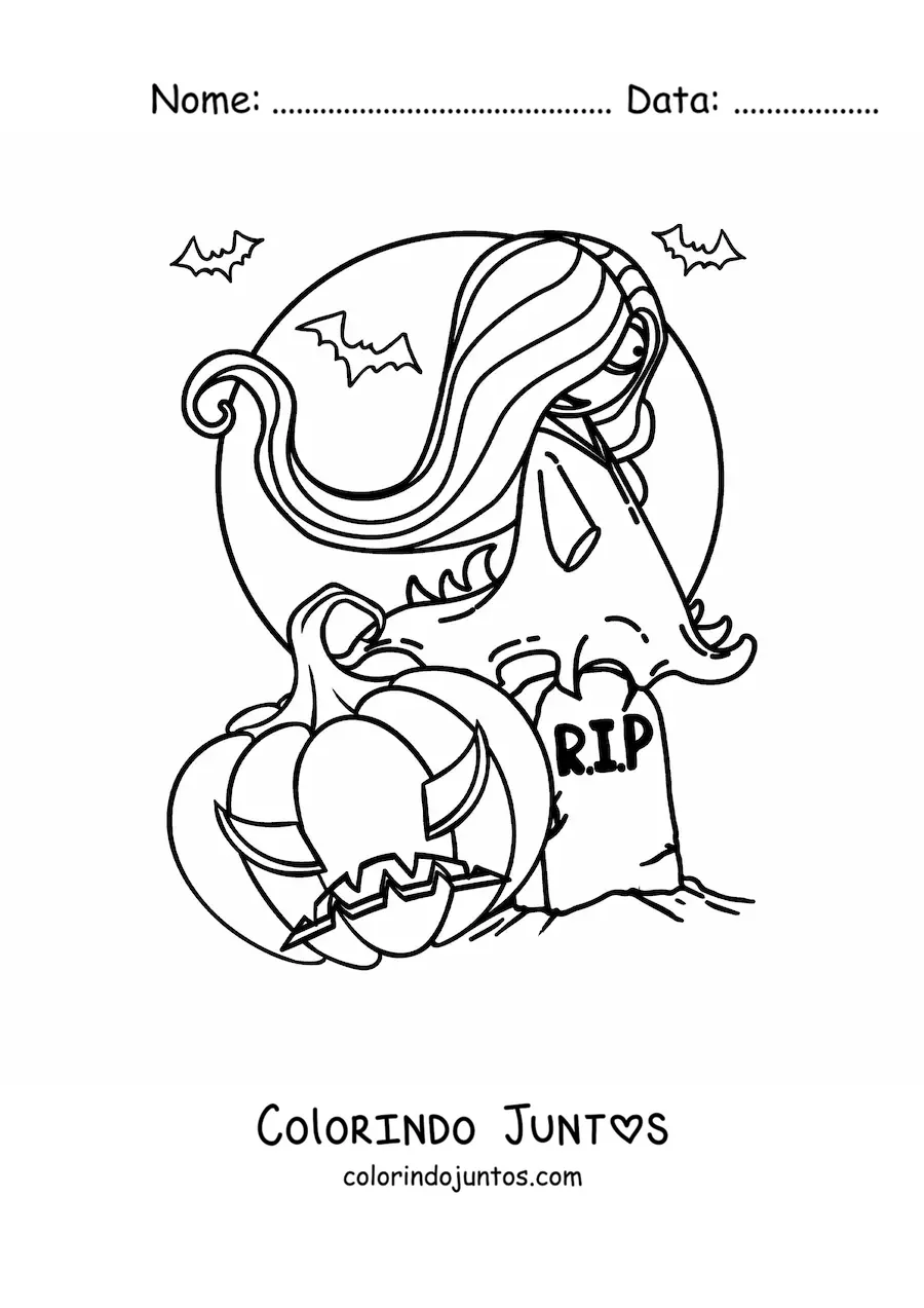 Desenho para colorir de fantasma de Halloween assustador com abóbora e morcegos