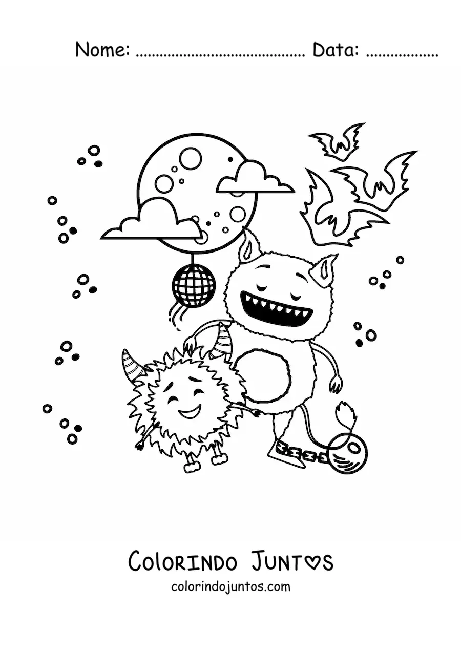 Desenho para colorir de monstros divertidos de Halloween dançando
