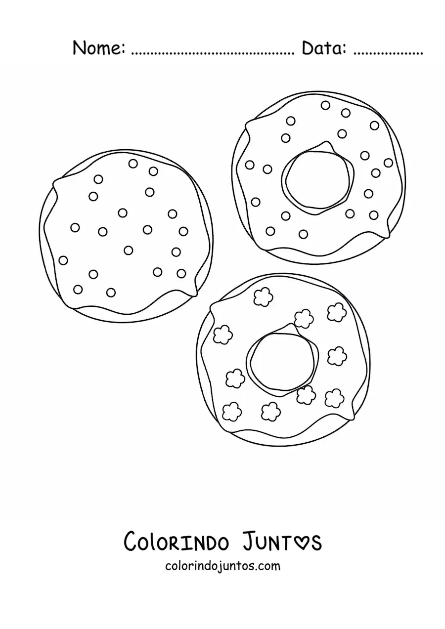 Desenho para colorir de tres rosquinhas de sabores diferentes