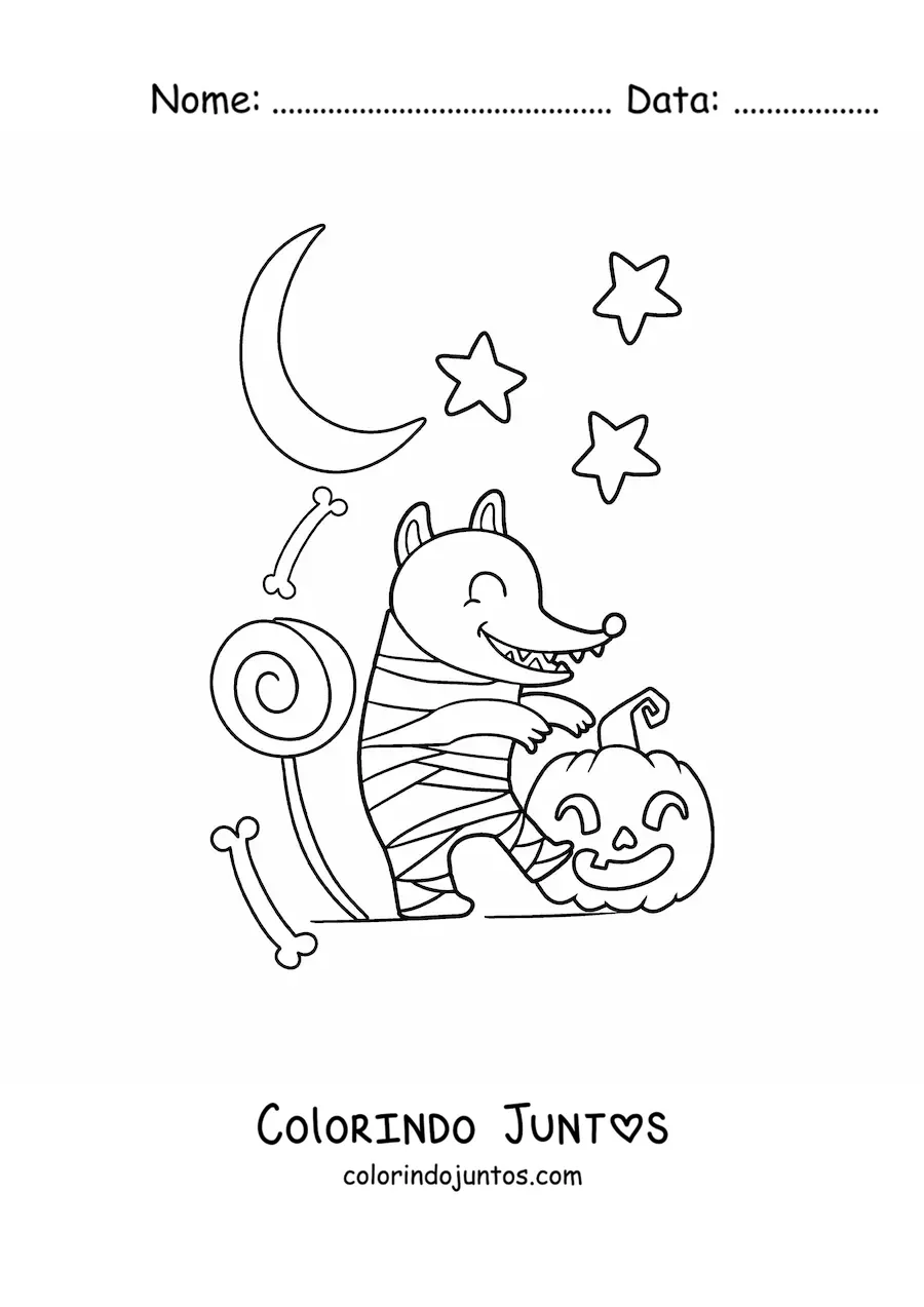 Desenho para colorir de gambá múmia kawaii de Halloween