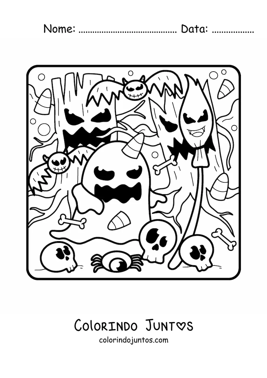 Desenho para colorir de fantasma e árvores de Halloween