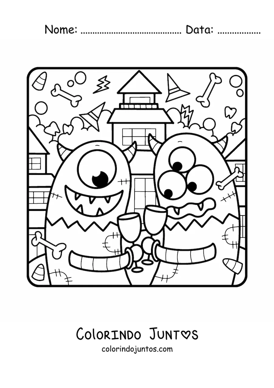 Desenho para colorir de monstros animados em festa de Halloween