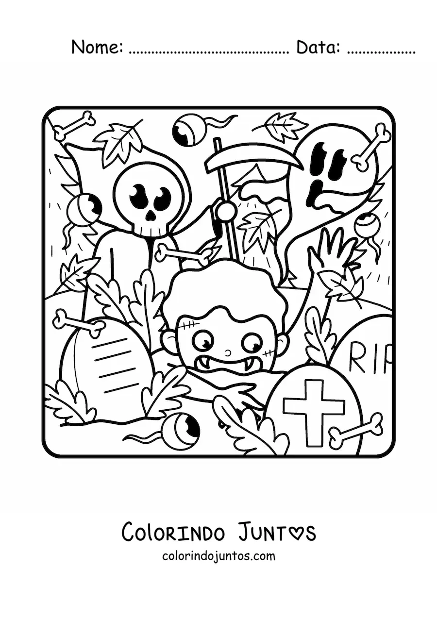 Desenho para colorir da morte com um fantasma e um zumbi de Halloween assustando uma criança