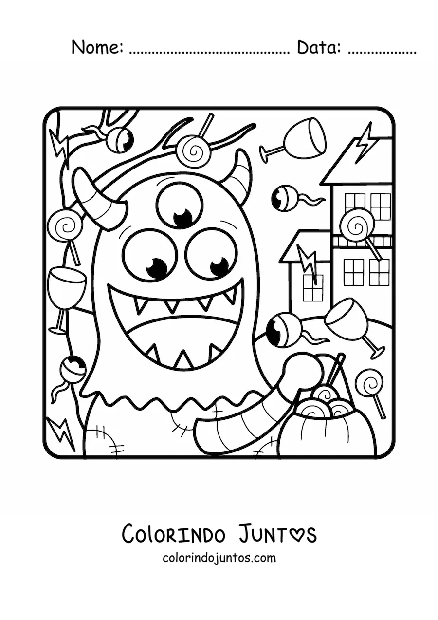 Desenho para colorir de monstro animado com doces de Halloween
