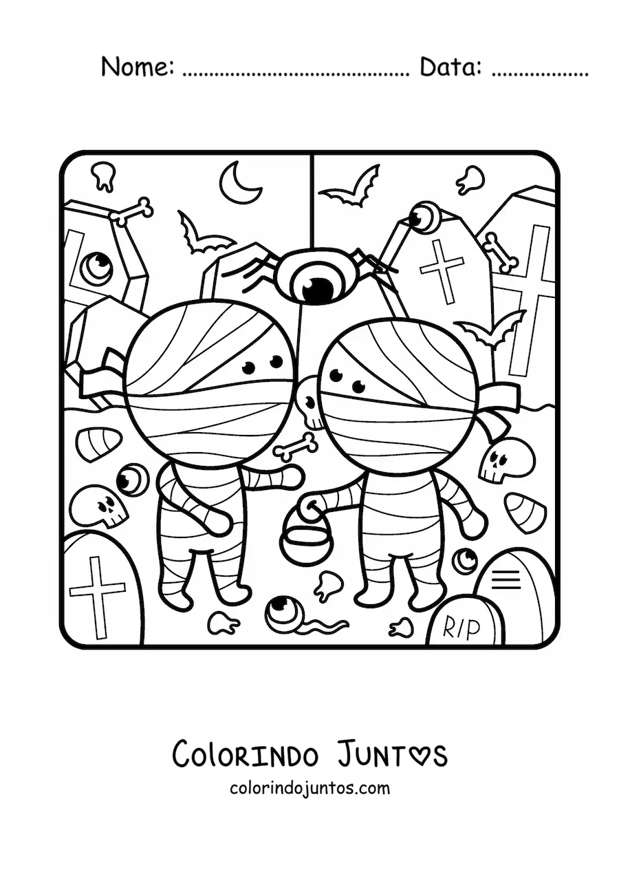 Desenho para colorir de múmias kawaii de Halloween