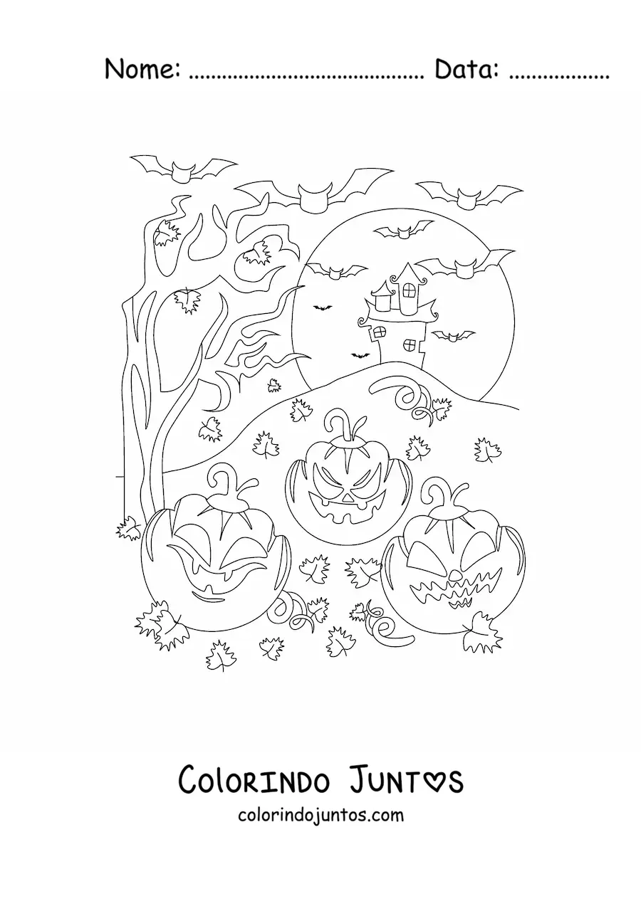 Desenho para colorir de abóboras assustadoras de Halloween com mansão assombrada