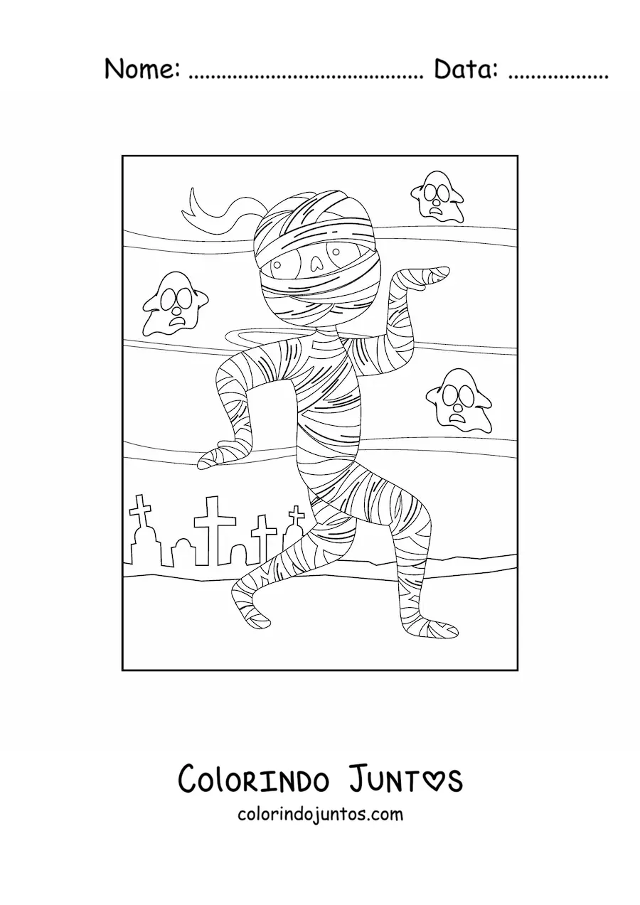 Desenho para colorir de múmia de Halloween caminhando