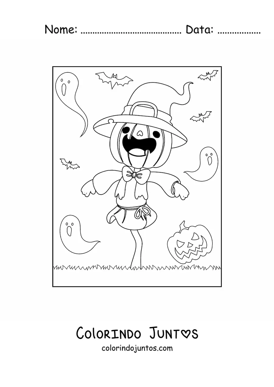 Desenho para colorir de espantalho de Halloween com fantasmas