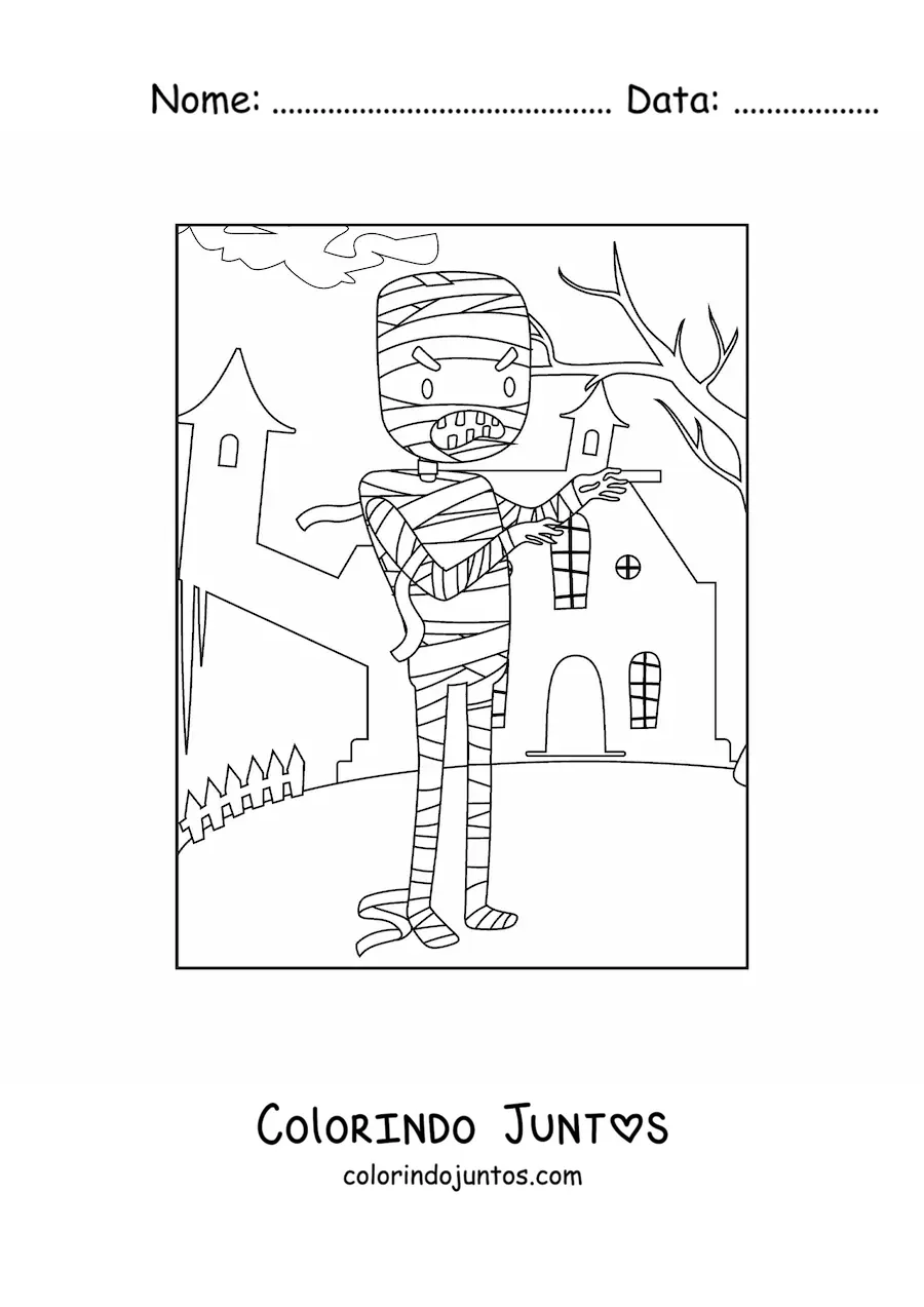 Desenho para colorir de múmia de Halloween com casa assombrada