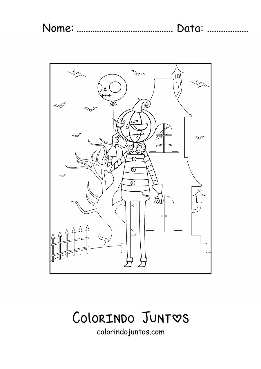 Desenho para colorir de monstro de Halloween segurando um balão em frente a uma mansão assombrada