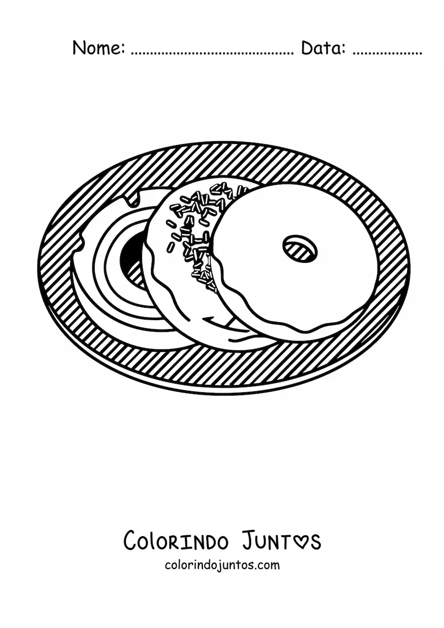 Desenho para colorir de tres rosquinhas em um prato