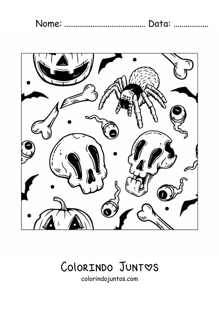 Desenho para colorir de aranha de Halloween com caveiras