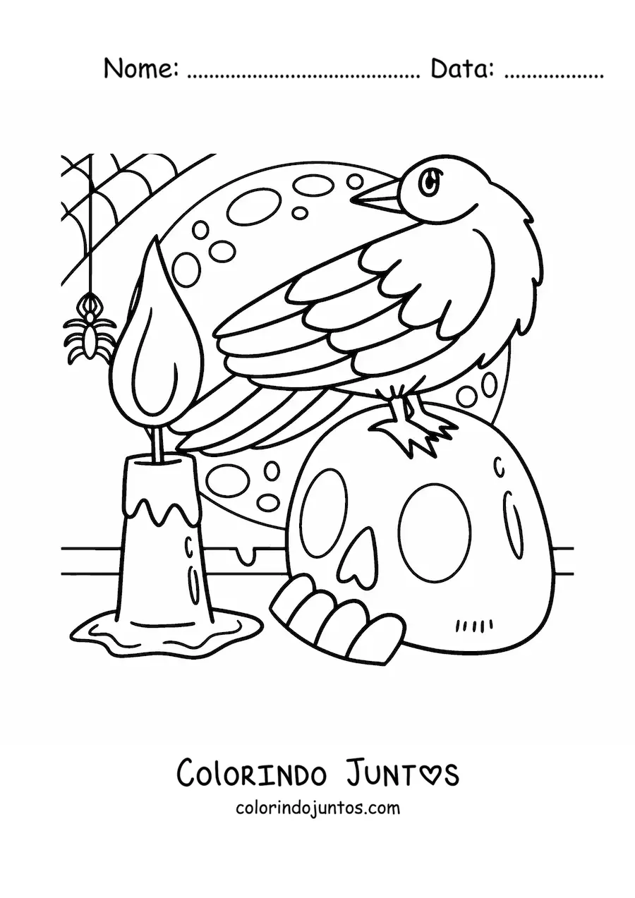 Desenho para colorir de aranha de Halloween com corvo e uma caveira