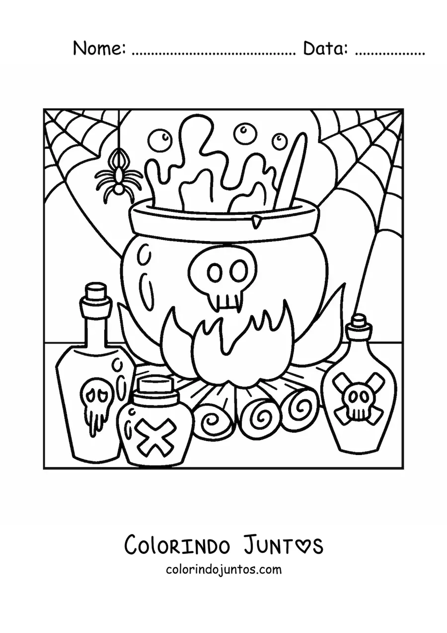 Desenho para colorir de aranha com caldeirão de Halloween