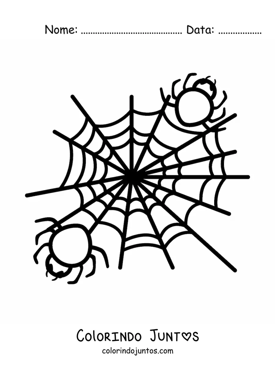 Desenho para colorir de aranhas de Halloween em sua teia