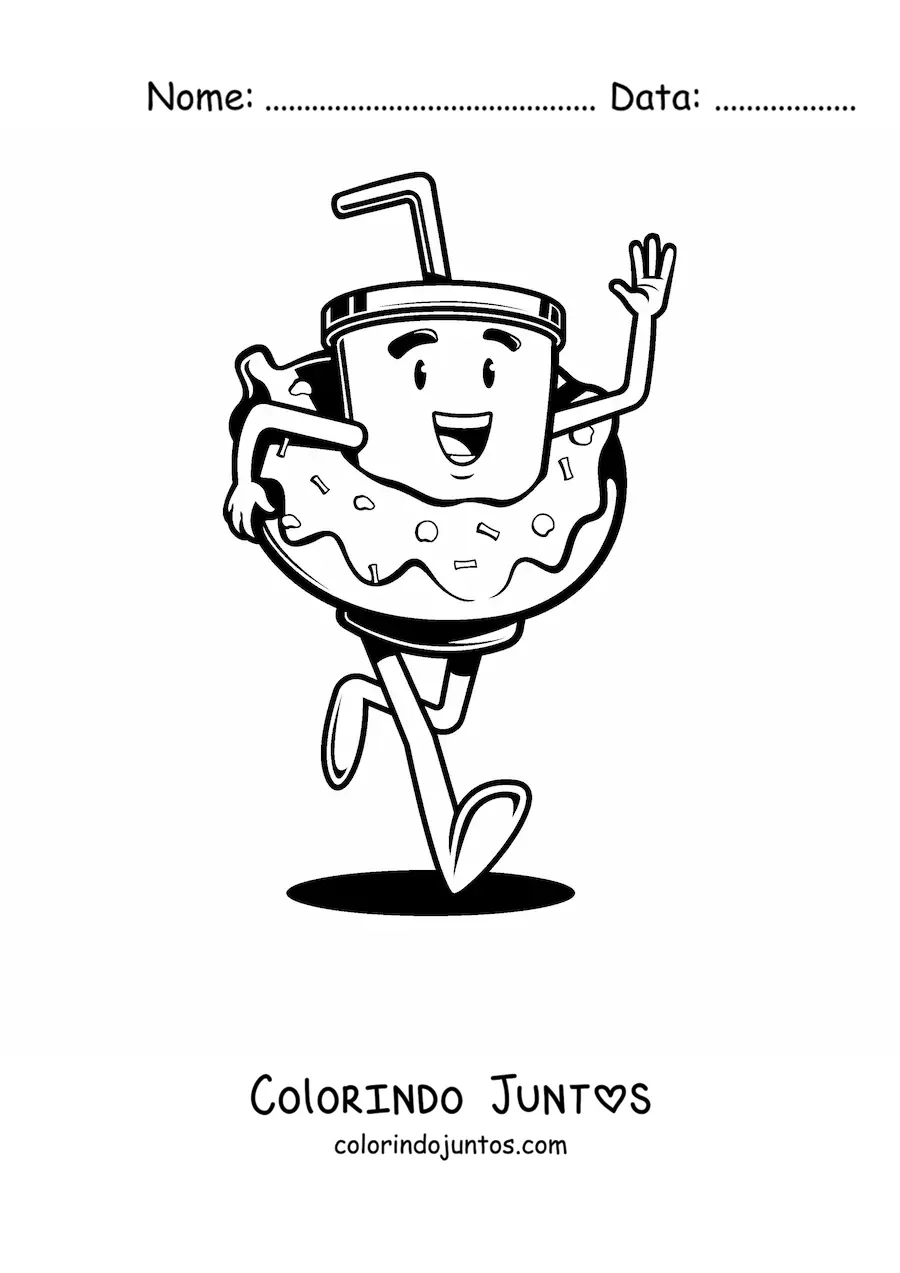Desenho para colorir de um copo com canudo animado correndo com uma rosquinha