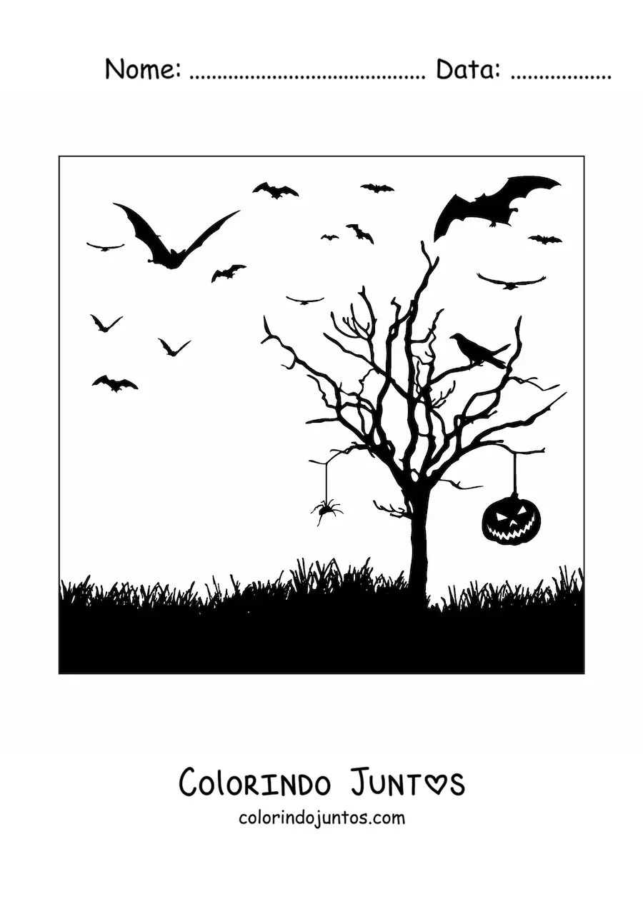 Desenho para colorir de silhueta de uma aranha pendurada em uma árvore na noite de Halloween