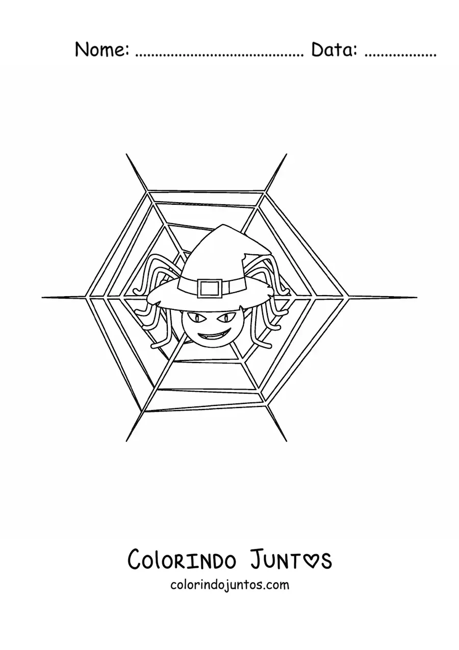 Desenho para colorir de aranha animada com chapéu de bruxa de Halloween