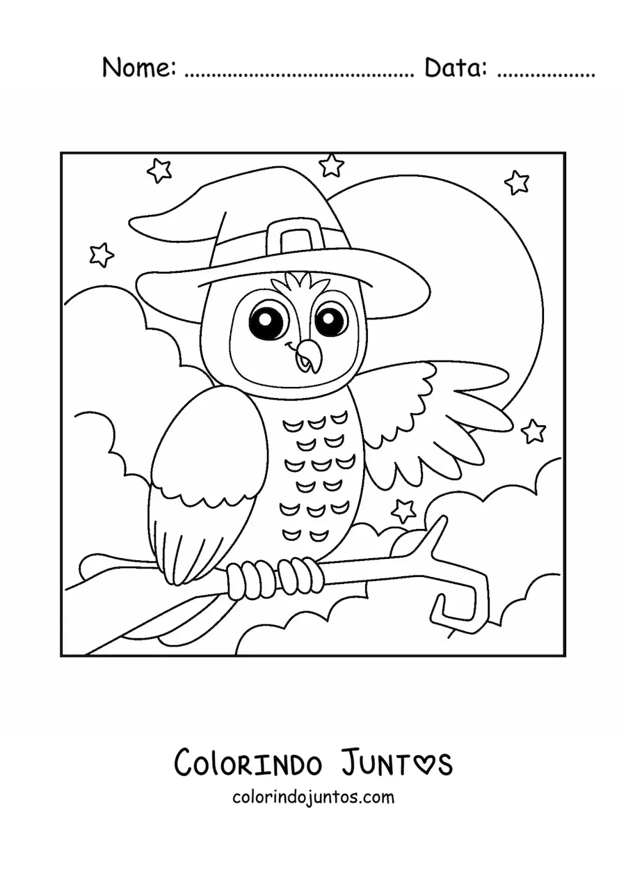 Desenho para colorir de coruja animada de Halloween com chapéu de bruxa em frente à Lua