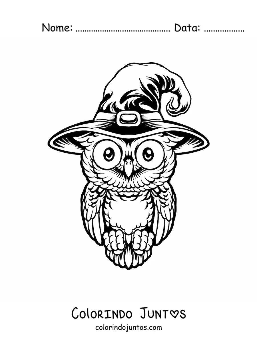 Desenho para colorir de coruja realista de Halloween com chapéu de bruxa