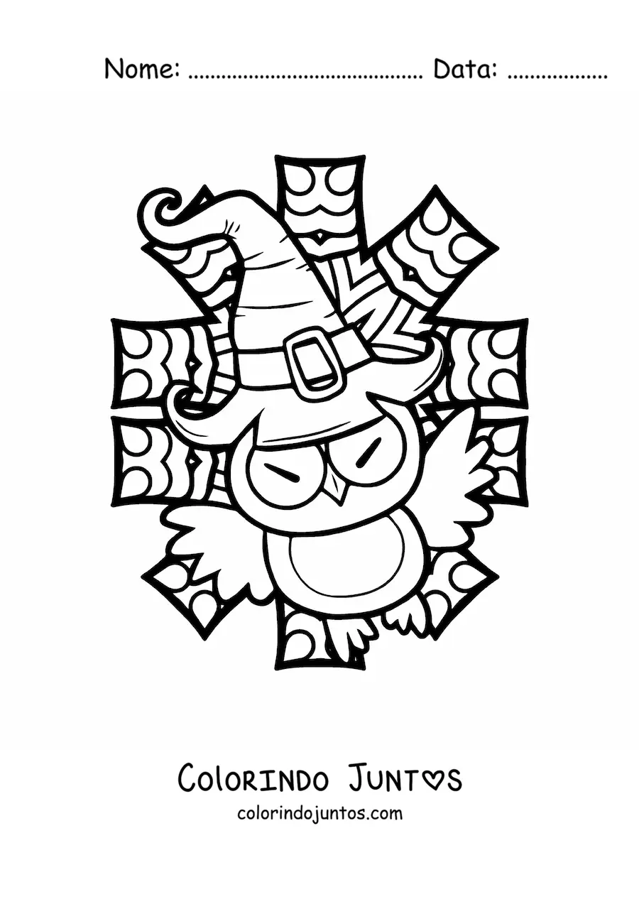 Desenho para colorir de coruja de Halloween com chapéu de bruxa