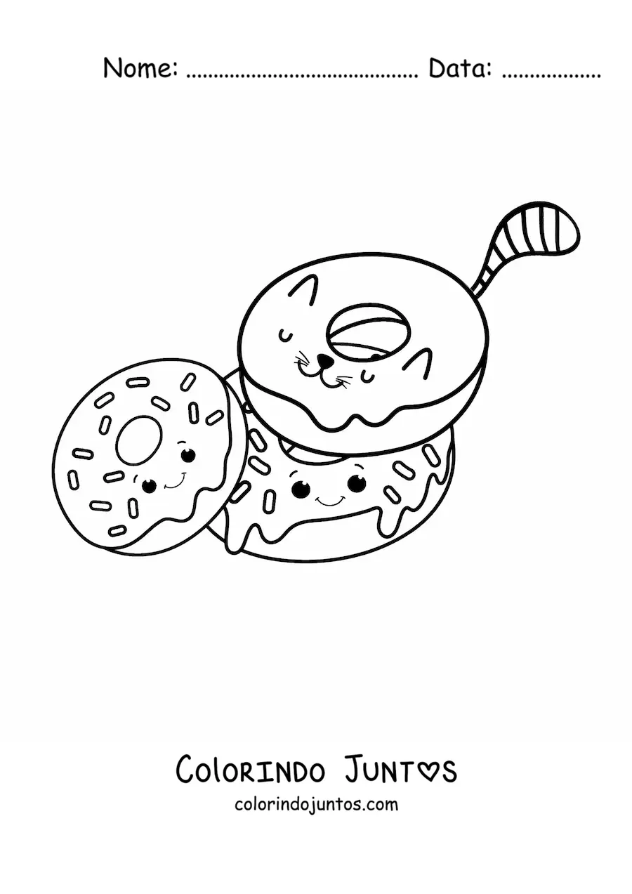 Desenho para colorir de um gato animado em forma de rosquinha junto de duas rosquinhas
