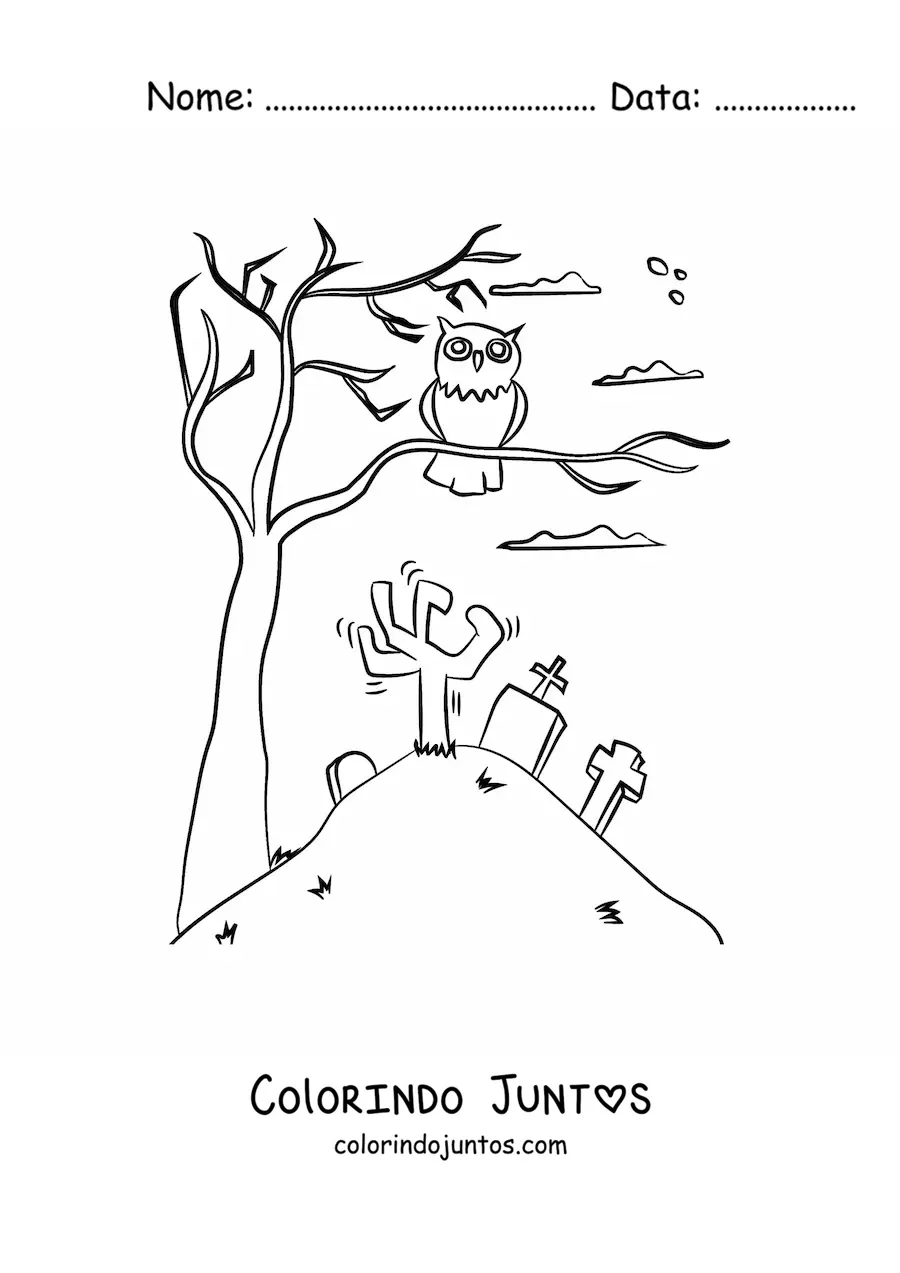 Desenho para colorir de coruja de Halloween em uma árvore no cemitério