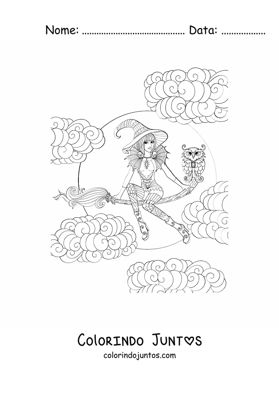 Desenho para colorir de bruxa bonita voando na vassoura com uma coruja no Halloween