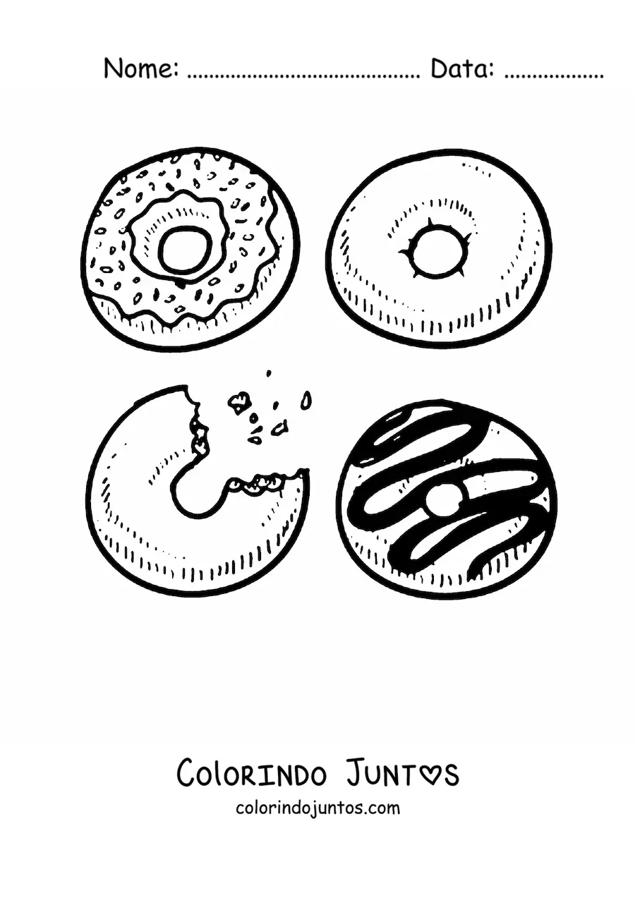 Desenho para colorir de quatro rosquinhas variadas