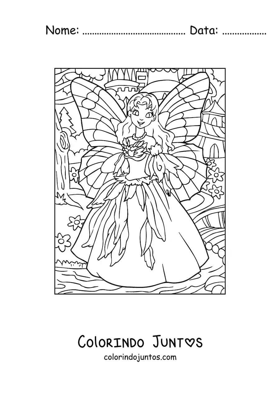 Desenho para colorir de linda princesa fada na floresta