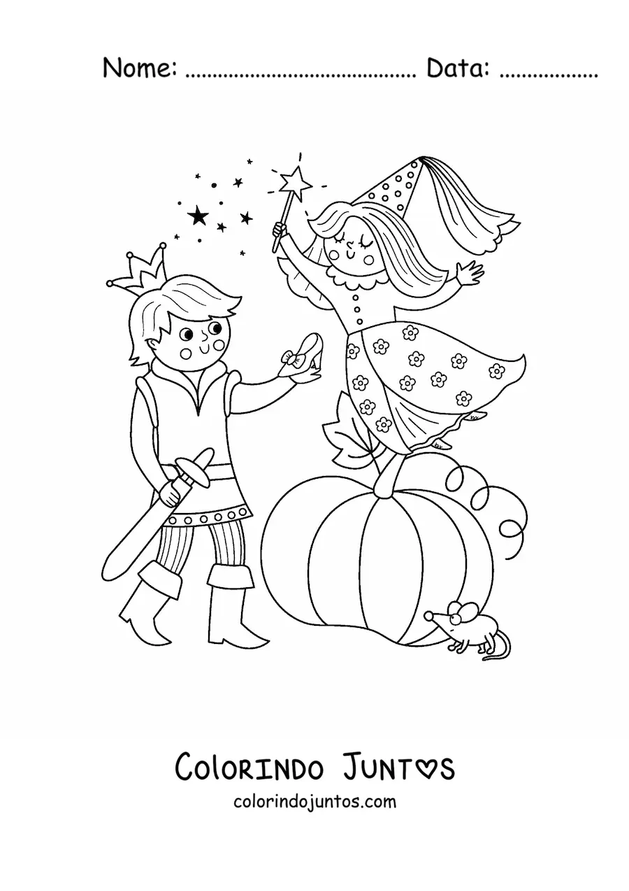 Desenho para colorir de fada madrinha e príncipe