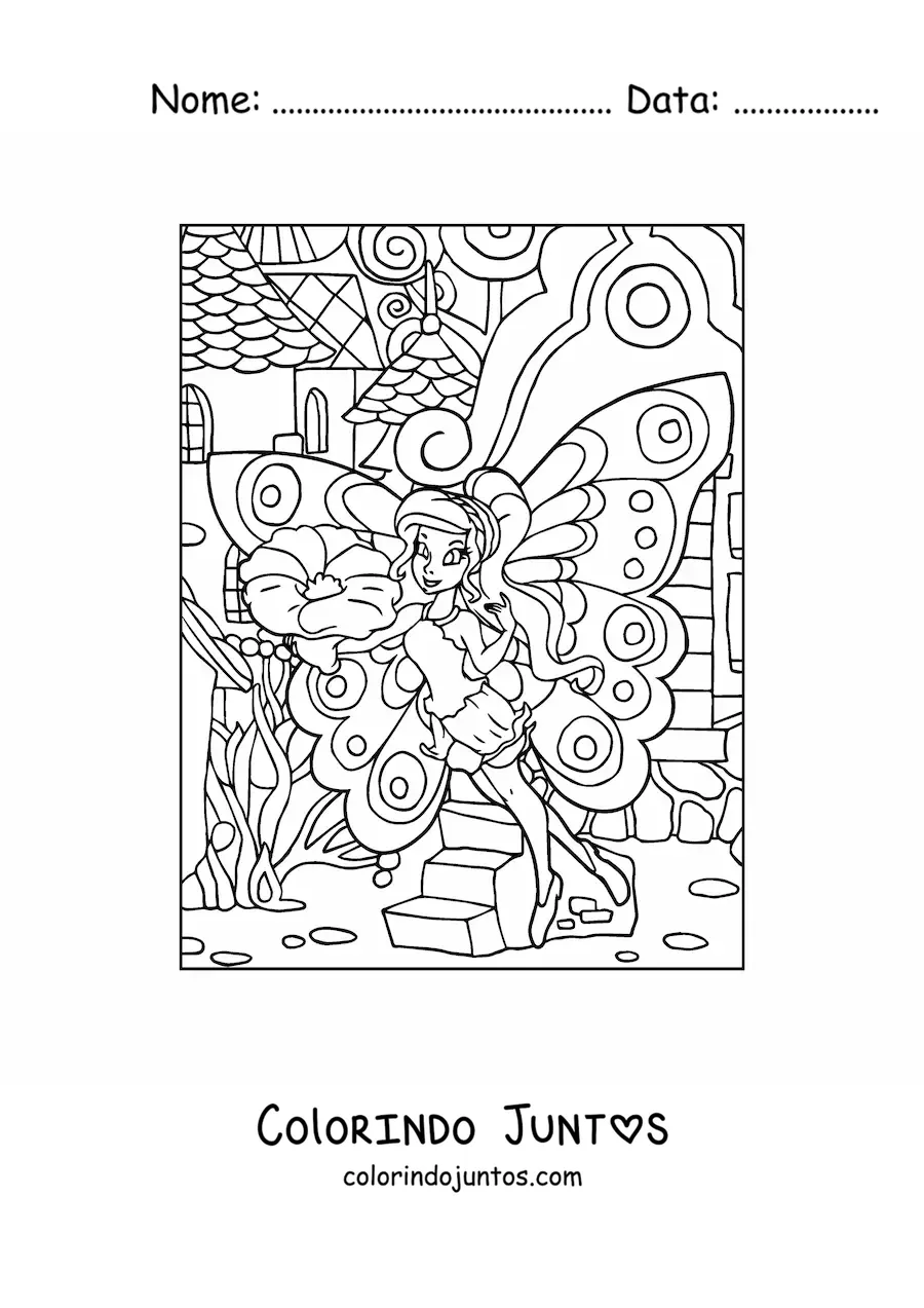 Desenho para colorir de linda fada com uma flor