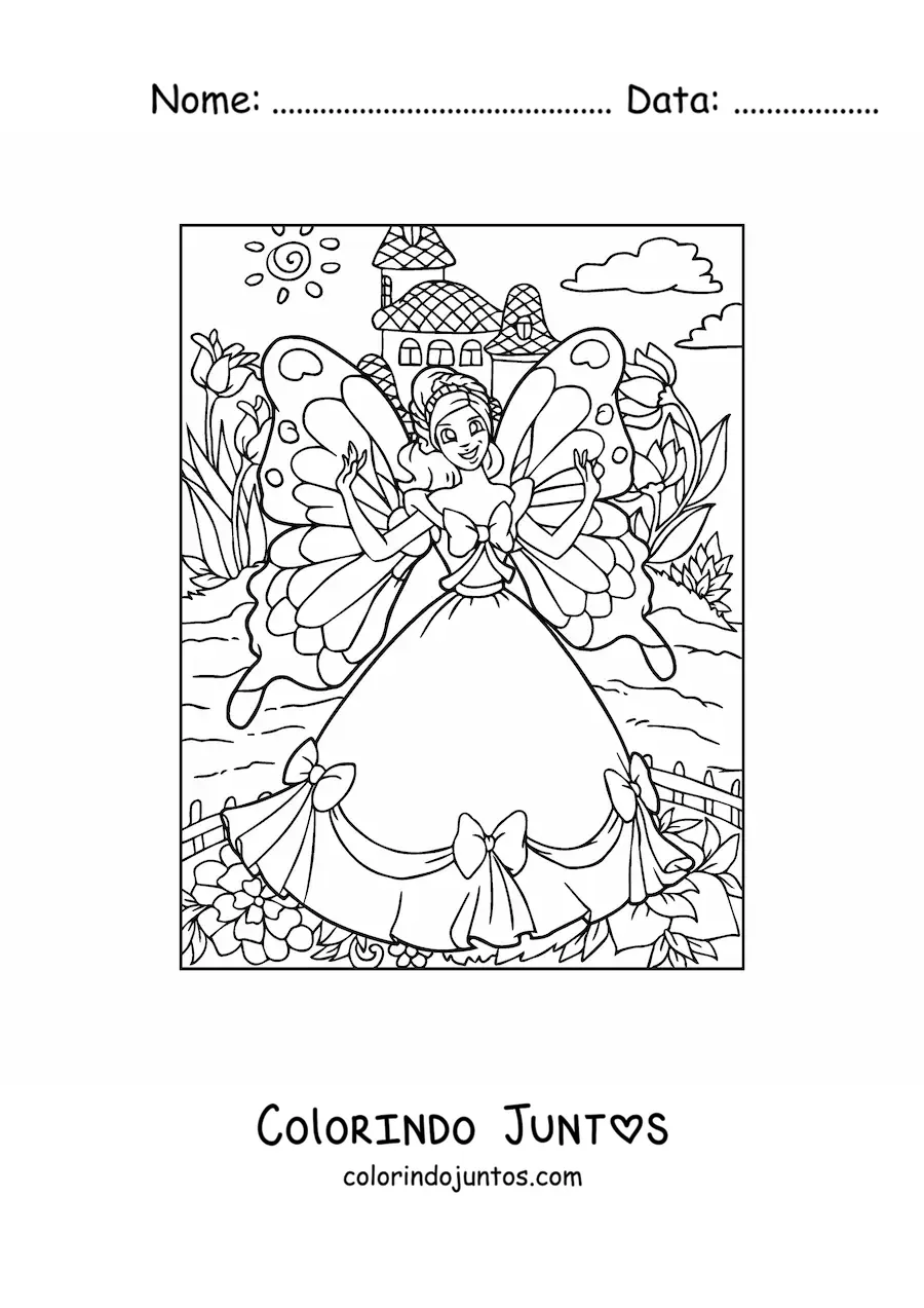 Desenho para colorir de princesa fada borboleta em jardim mágico