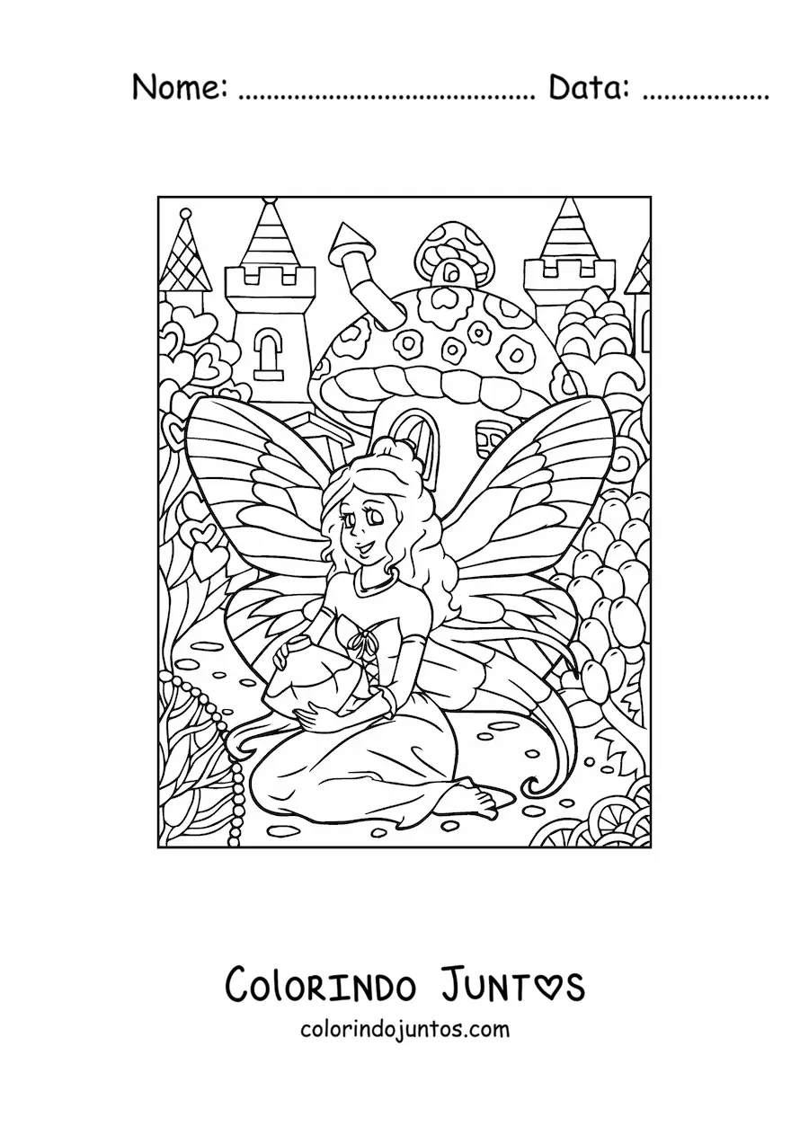 Desenho para colorir de fada do amor em floresta mágica