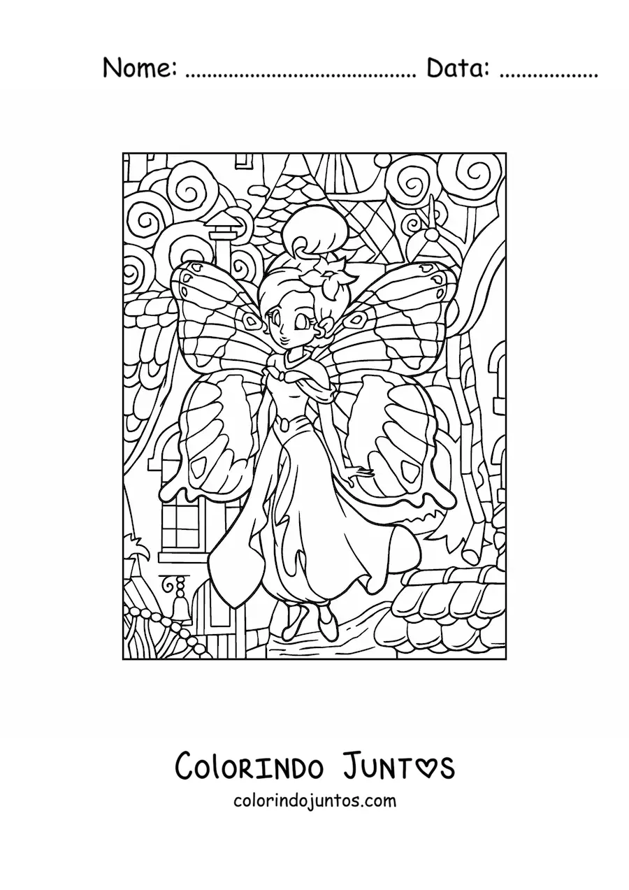 Desenho para colorir de linda fada borboleta em floresta encantada