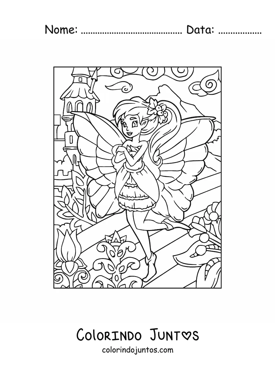 Desenho para colorir de linda fada em jardim com flores