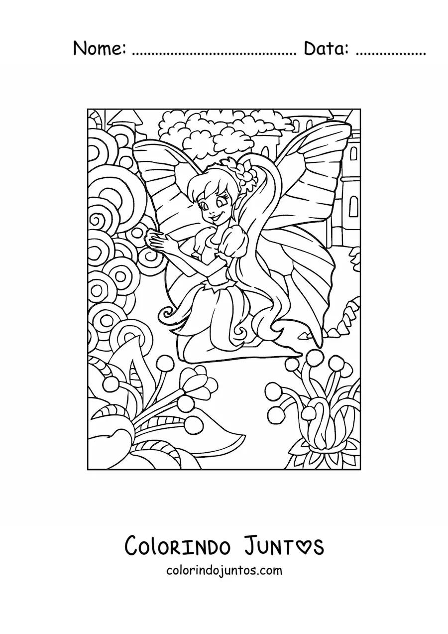 Desenho para colorir de fada borboleta em jardim com flores