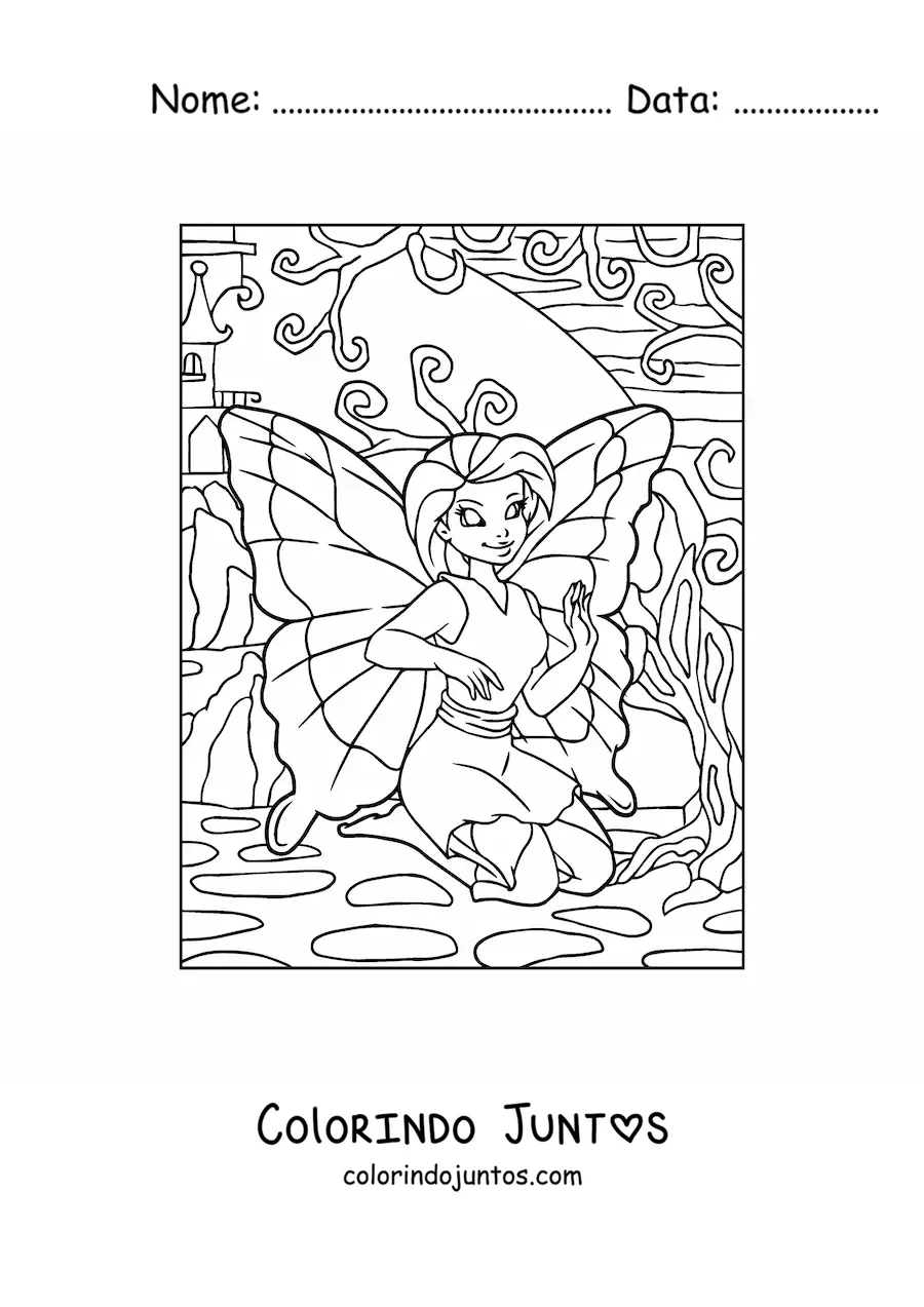 Desenho para colorir de bela fada borboleta sentada no jardim