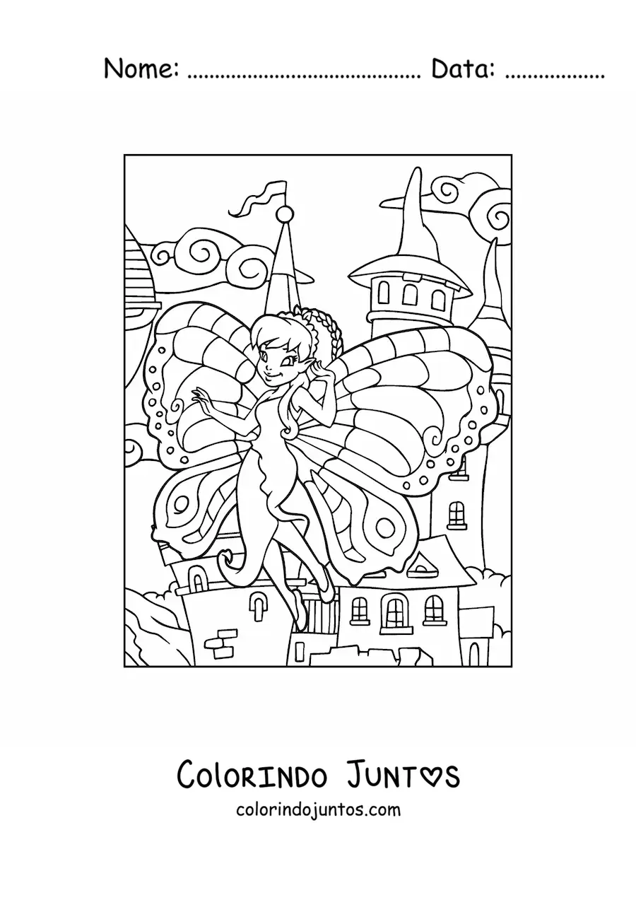 Desenho para colorir de linda fada borboleta voando no castelo