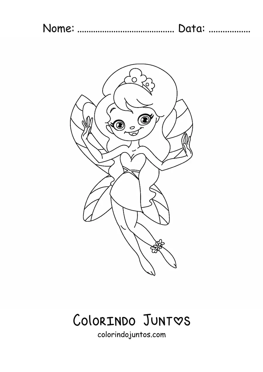 Desenho para colorir de fada simples feliz com flores
