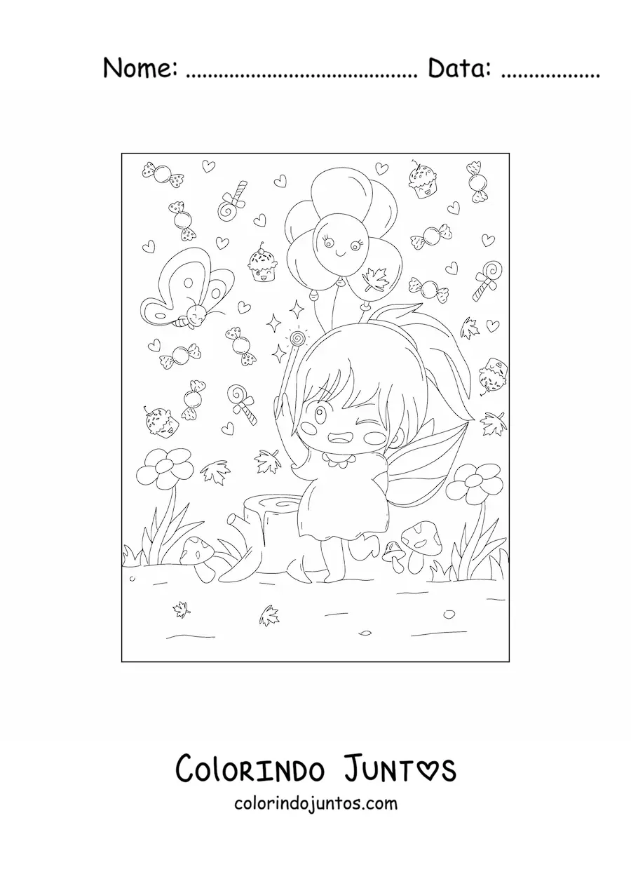 Desenho para colorir de menina fada kawaii em floresta mágica estilo anime