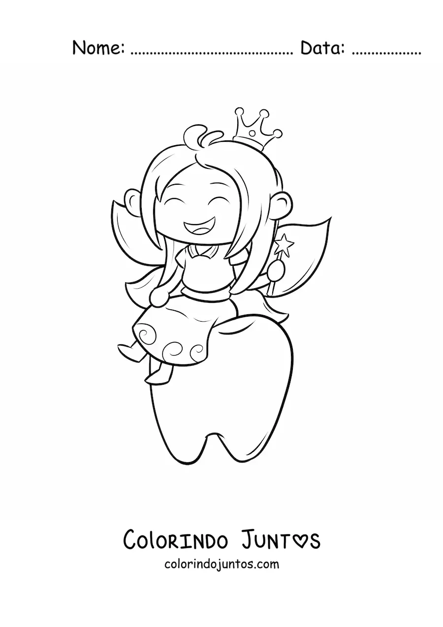 Desenho para colorir de fada do dente kawaii sentada em um dente