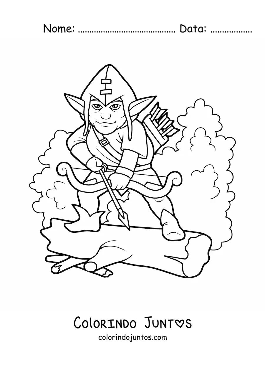 Desenho para colorir de duende mágico na floresta com arco e flechas