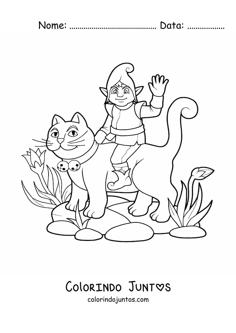 Desenho para colorir de duende mágico sentado sobre um gato