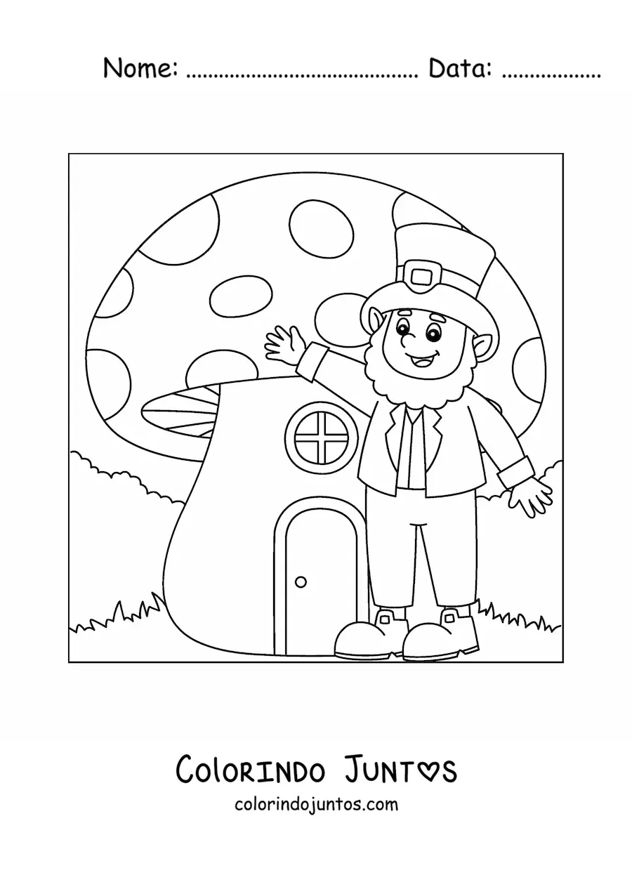 Desenho para colorir de duende irlandês em floresta mágica