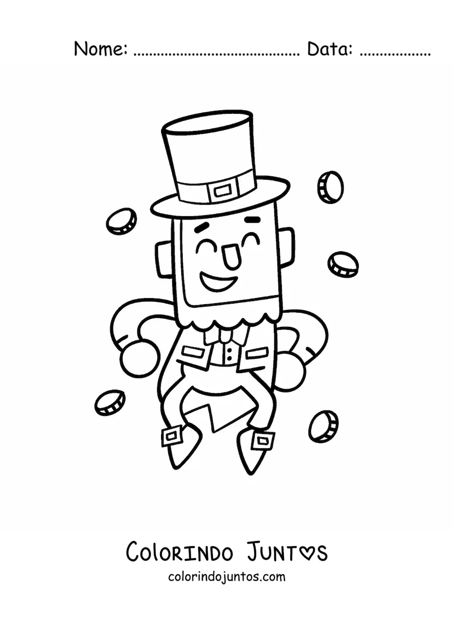 Desenho para colorir de leprechaun kawaii dançando com dinheiro