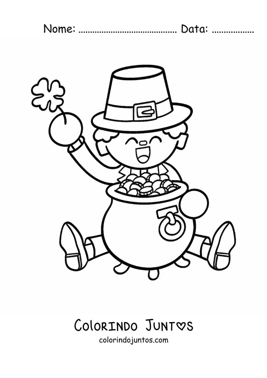 Desenho para colorir de duende irlandês com pote de ouro
