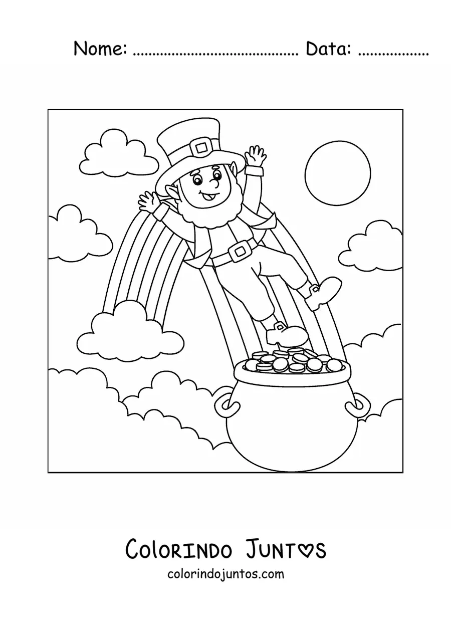 Desenho para colorir de duende com pote de ouro no fim do arco-íris